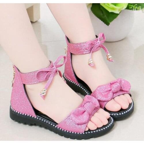 New Girls Shoes Flat Heel Sandals Kids Girls Spring Summer Little Kids Shoes Princess Dress Bow Fashion Sandals Teenage Girls