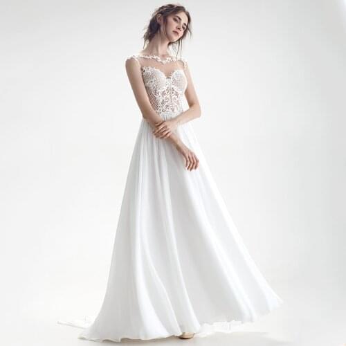 Charming A-line Wedding Dress 2021 High Quality O-neck Sleeveless Sweep Train Appliques Chiffon Bridal Gowns