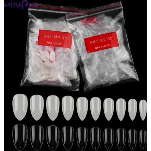 Pinpai 500 Pcs/Bag Long Almond Shape Full Cover Fake Nail 10 Size Mixed Acrylic False Nail Tips Salon DIY Manicure Nail Art Tool