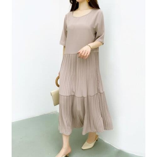 Plus Size Women Summer Dress Loose Short Sleeve Dress Solid O-Neck Cotton Linen Fold Casual Loose Waist Dresses Vestido 14051