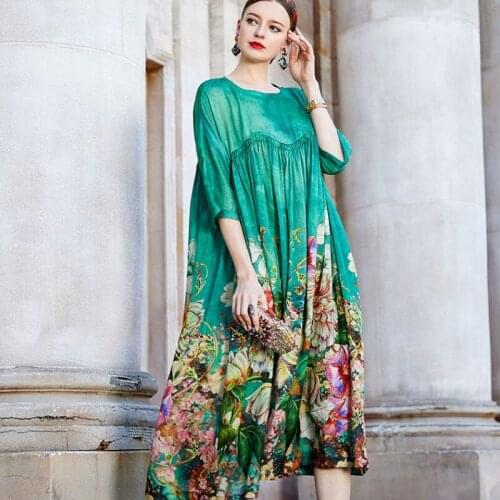 Plus Size Silk Print Dresses O-Neck Fashion Loose Batwing Sleeve Big Swing Women Dresses Half Sleeve High Quality Female Dresses