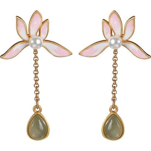 S925 sterling silver gold-plated cloisonne Hetian gray jade stud earrings Chinese style lotus earring pendant for ladies earring