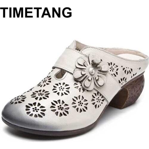 TIMETANG Real Leather Womens Shoes Summer Slippers Female Flowers Casual Slippers Thick High-Heeled Flip FlopE809