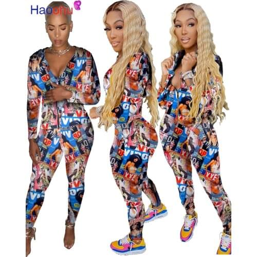 HAOOHU women fitness two pieces set tracksuit long sleeve top print elastic skinny leggings sportswear slim outfit