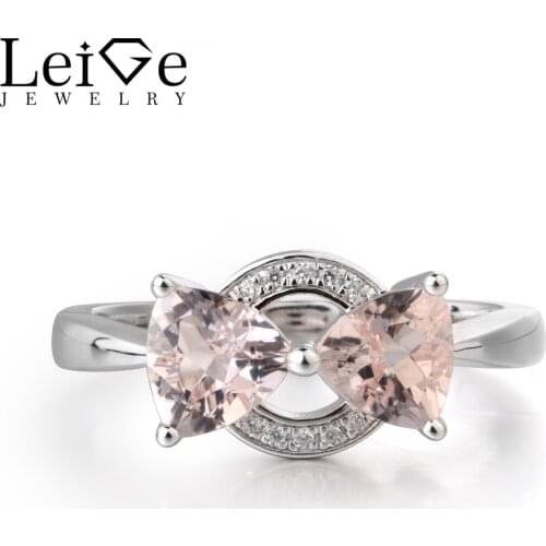 Leige Jewelry Natural Pink Morganite Gemstone 925 Sterling Silver Trillion Cut Double Stones Wedding Rings