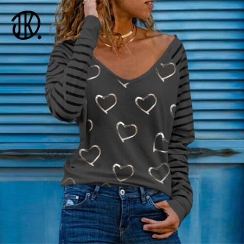 All-match Base T-shirt Sexy Printing V-neck Long-sleeved Top 2021 New Style Striped T Shirt Oversized Female Spring Fall Clothes