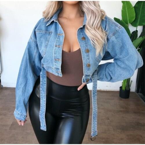 Puloru Blue Denim Jacket Women Solid Color Long Sleeve Lapel Single-breasted Loose Short Coats Casual Jeans Outerwear with Belt