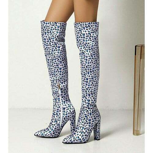 New Fashion Printed Fabric Women Thigh High Boots Sexy Thin Bottom Square Root Over the Knee Boots Winter High Heeled Warm Boots