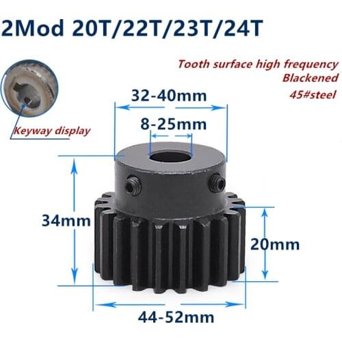 1pc Spur Gear pinion Mod 2 M=2 20T 22T 23T 24T R Teeth 45# steel positive gear CNC gear rack transmission motor gears 21teeth