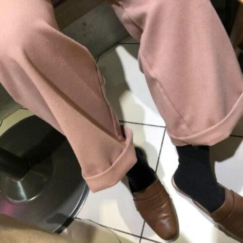 2020 Women Autumn Vintage Pink Wide Leg Long Pants High Waist Zipper Crimping Midi Trousers with Pocket