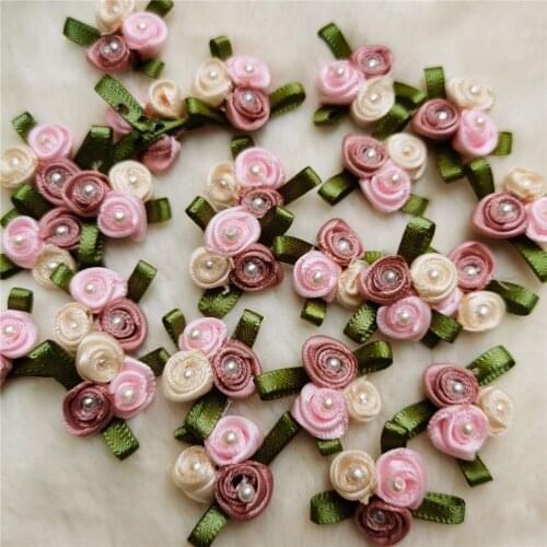 30pcs Colorful Mini Satin Ribbon Pearl Rose Flower Silk Fabric Appliques Handmade Wedding Decoration Craft Sewing Accessories
