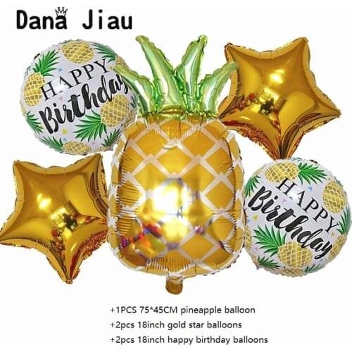 5pcs Gold Pineapple Fruit Set Balloons Happy Birthday Theme Balloon Holiday Party Decoration Kids Toy Pentagram Auto Seal Ball