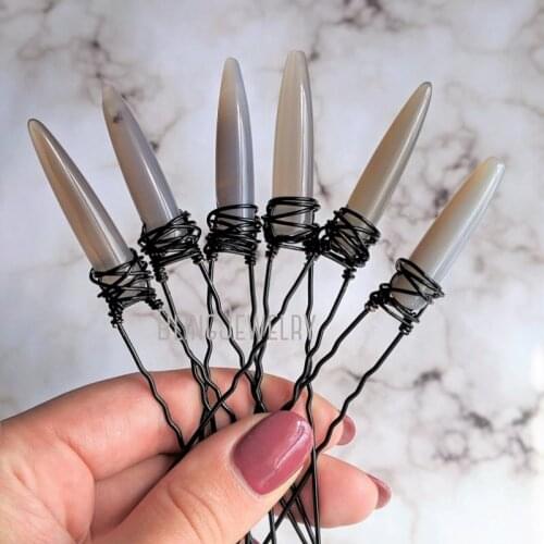 Gray Agate Crystal Hair Pins Black Raw Stone Hair Sticks Raw Stone Hair Accessories HJ31828