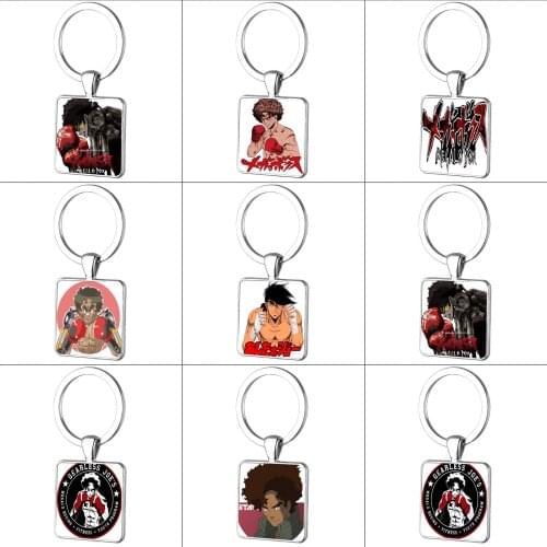 Anime MEGALOBOX Keychain Images Custom DIY Keyrings Glass Cabochon Square Pendant Holder Kids boy girl Gift