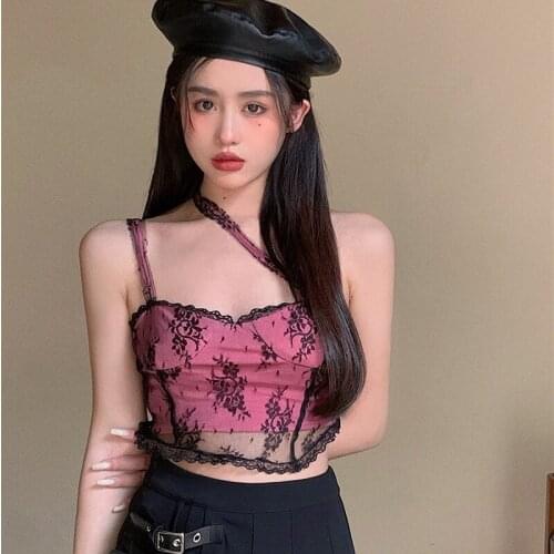 Pretty Posh Summer Korean Fashion Lace Sexy Lace Vest Female Vest Harajuku Slim Short-Sleeved Pink Party