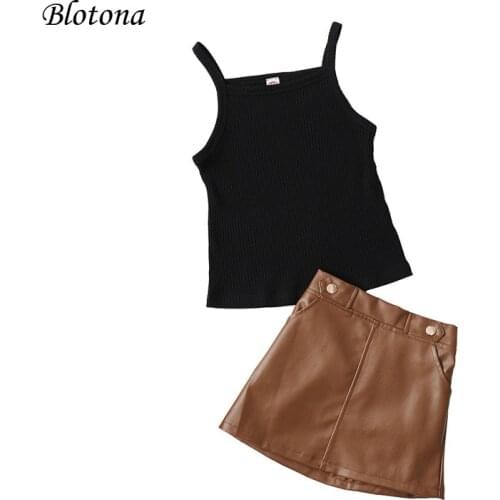 Blotona Stylish 2Pcs Toddler Girls Summer Clothes Set, Sleeveless Ribbed Knit Camisole Vest+ Mini Leather Skirt Outfits 2-6Years