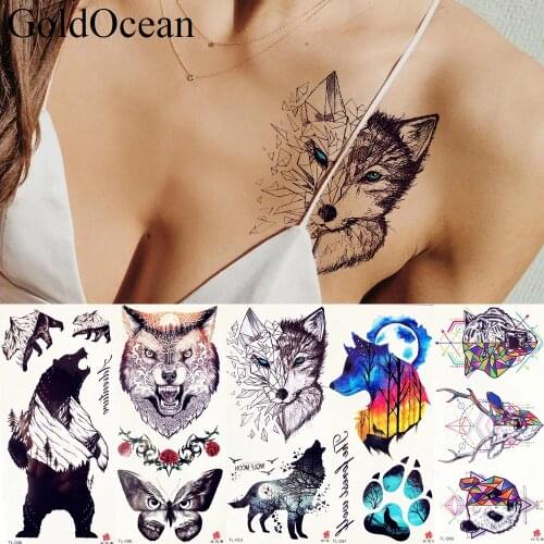 Summer Style Black Geometric Wolf Tattoo Stickers Women Body Chest Art Temporary Tattoo Men Arm Painting Waterproof Tatto Animal