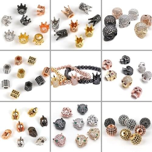 Fashion Copper Brass Spacer Beads Micro Pave Crystal Cubic Zirconia Crown Leopard Helmet Skull Round Beads DIY Bracelet Charms