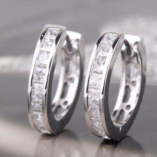 Fashion Mens Silver Plated Small Round Square Rhinestone Hoop Huggie Earrings hot