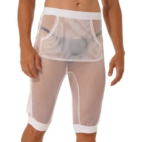 Mens Hollow Out Fishnet Shorts Pants See-through Mesh Elastic Waistband Short with Front Pocket for Nightclub Stage Performance