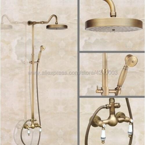 Wall Mount Antique Brass Bathroom Shower Faucet Mixer Taps Dual Handle with Hand Held Shower Kan504