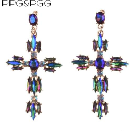 PPG&PGG New Long Cross Drop Earrings For Women Bohemia Statement Dangle Earrings Luxury Stones Jewelry Fashion Lady Brincos 2018