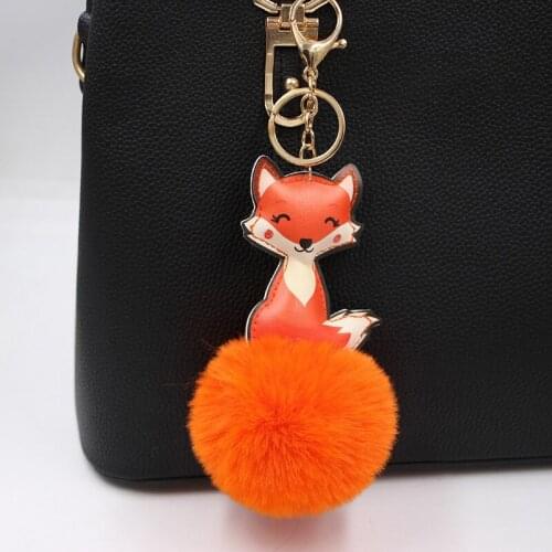 New Cute Fox Plush Keychain Pompoms Leather Key Chain Key Holder Car Bag Handbag Charms Keyring Women Creative Jewelry Gifts