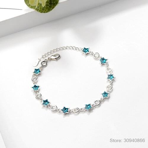 New Arrival Fashion Atmosphere Flash 925 Sterling Silver Jewelry Blue Five-pointed Star Crystal Sweet Bracelets SB156