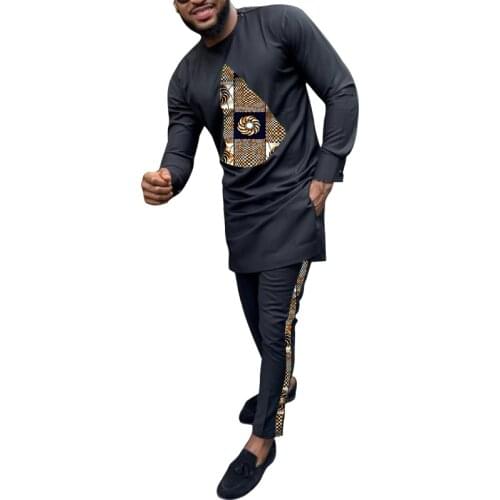 Senator style Printed strip pant sets man African patchwork tops+trousers custom made mens Ankara outfits black suits