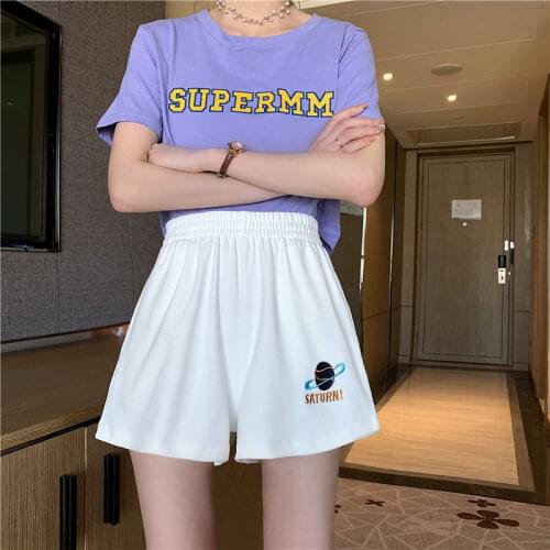 Loose Solid Wide-leg Harajuku Casual Simple Ins Trendy All-match Женские штаны Straight Planet embroidery Shorts Women Summer