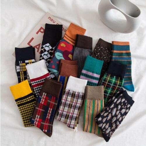 Cozy Breathable Combed Cotton Socks Women Fashion Flower Leopard Lattice Striped Tide Socks Winter Autumn Casual Warm Socks Sox