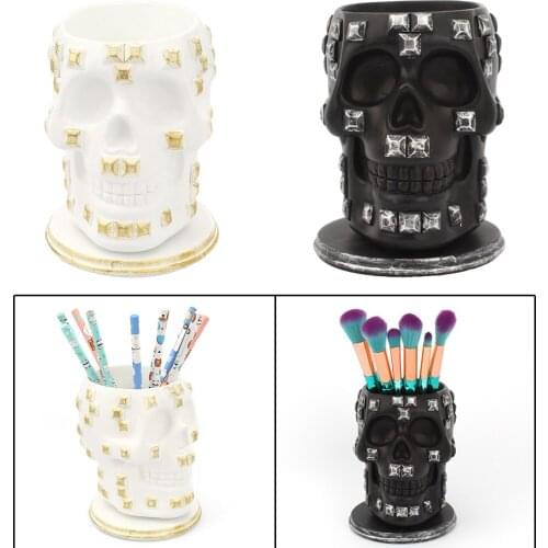 Skull Pen Holder Figurine Desk Stationery Organizer Makeup Brush Storage Pot
