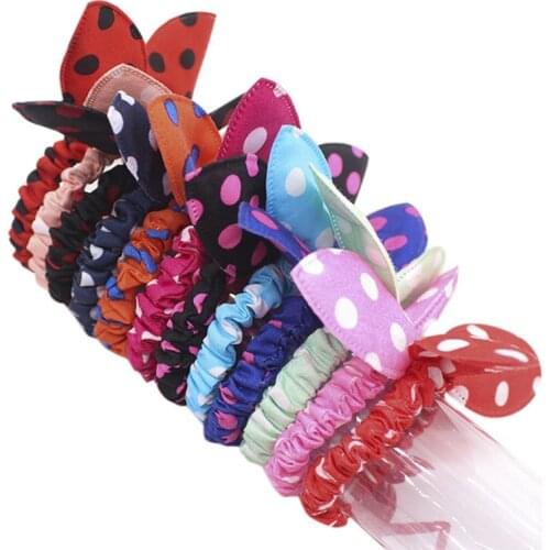 Women Girls Cloth Craft Rubber Band Cute Rabbit Ears Bowknot Ruched Hair Rope Polka Dot Printed Ponytail Holder Sweet Candy