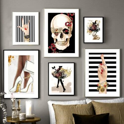 Peony Girl High Heels Handbag Skull Rock Hand Art Canvas Painting Nordic Posters And Prints Wall Pictures For Living Room Decor