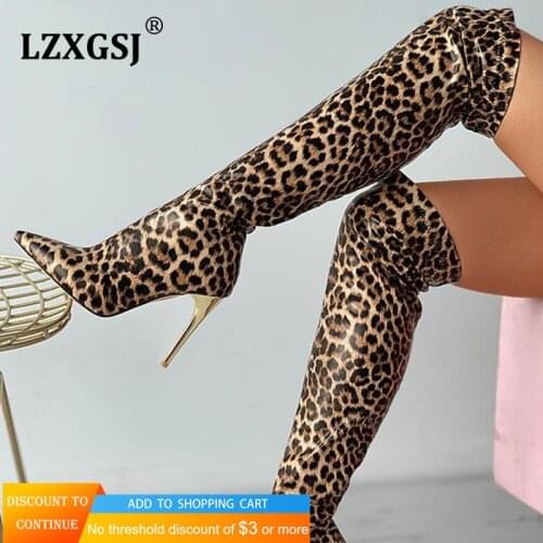 2021 Spring New Thin Heel High Boots Women Leather Leopard Print Thigh High Long Boots Female Sexy Pointed Toe Shoes Lady