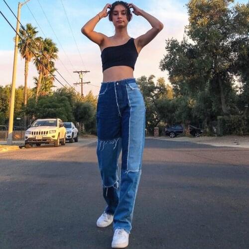 Female Panelled Patchwork Jeans, Women’ s High Waist Close-Fitting Pants Straight-Leg Denim Pants for Spring Autumn, Blue, S/M/L