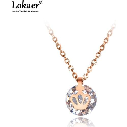 Lokaer Sparkling Design Stainless Steel CZ Crystal Choker Necklaces Jewelry Trendy Crown Charm Pendant Necklace For Women N20020