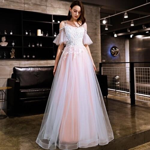 Beauty Emily White Pink Evening Dress 2019 Long Lace Up A line Formal Party Prom Dress Floor-length robe de soiree