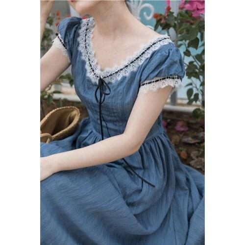 Summer Cottage Style Women Dress Vintage Solid Jacquard O-Neck With Lace Puff Sleeve Retro Princess Dresses Prairie Vestido