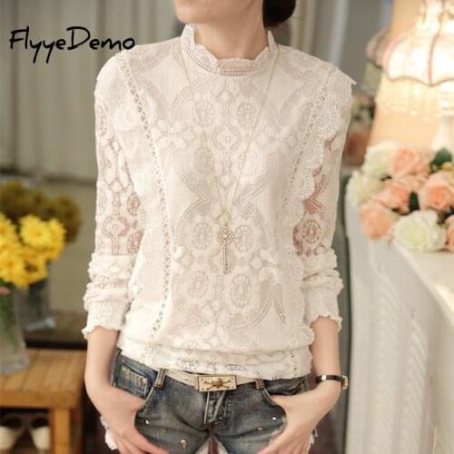 2021 Women Long Sleeve Stand Collar Clothing Lace Floral Patchwork Chiffon Blouse Shirts Casual Slim Tops White Shirts