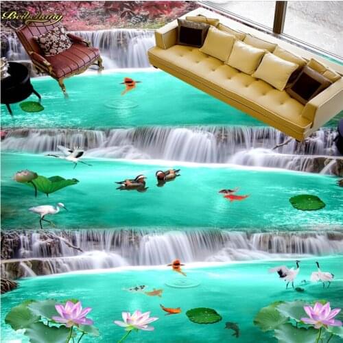 Beibehang Custom photo 3D floor painting wallpaper beautiful nine fish fairy waterfall 3D stereo floor tiles to draw
