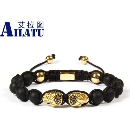 Ailatu Fashion Jewelry Wholesale 8mm Matte Black Onyx Stone Beads with Black Cz Double Skull Skeleton Macrame Bracelet