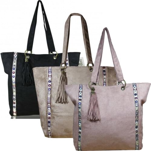 Large Pink Shoulder Bag Tribal Tote L Ethnic Daim Black Suede Embroidered Mirrors