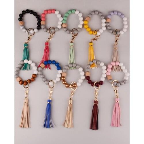 Keychain For Keys Leather Tassel Wood Beads Bracelet Keyring For Women Accessories Multicolor Keychain Wholesale Hot Sale 2021