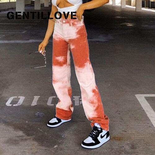 Gentillove Women Summer Streetwear Hip Hop Trousers Fashion Tie-dye Print Wide Leg Jeans Casual High Waist Loose Long Pants