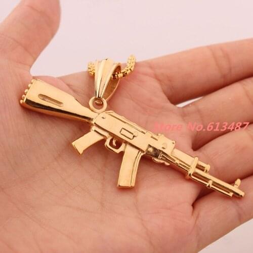 2.99"*1.44" 20g Hot Sales 316L Stainless Steel Gold Gun Design Mens Womens Pendant Necklace Free Box Chain Christmas Gift