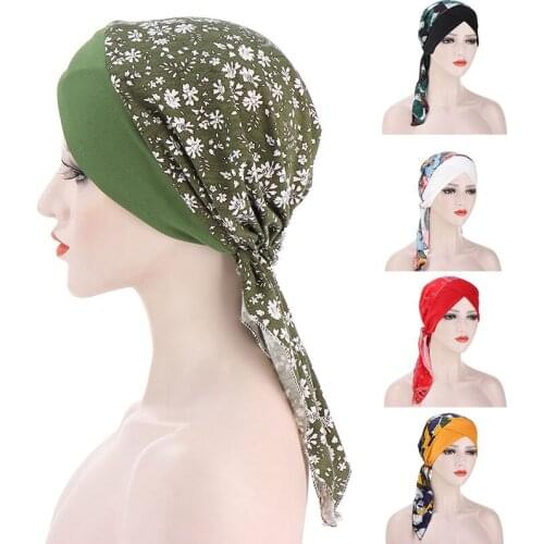 Womens Muslim Turban Hijab Cancer Chemo Hat Flower Print Cap Hair Loss Cover Head Scarf Wrap Pre-Tied Headwear Stretch Bandana