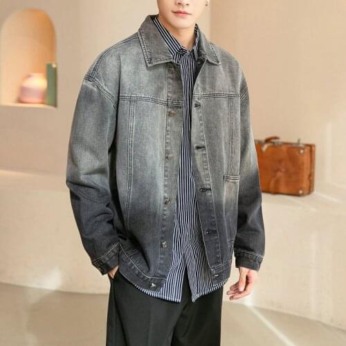 Denim Jacket Men 2021 Autumn Causal Gradient Color Jeans Coat Korean Style Letter Print Turn Down Collar Streetwear Clothing