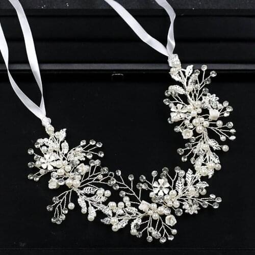 Crystal Handmade Beads Leaf Flower Tiara Headband Pearl Hairband With Ribbon Head Chain Bridal Wedding Hair Accessories