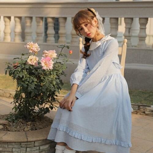 Kawaii Dress Women 2021 Spring Japanese Sweet Fresh Vestido Blue White Temperament Big Lapel Jacquard Long Dresses College Style